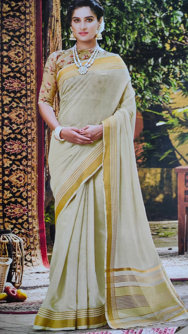 Latest Lilen Cotton Saree With Floral Blouse And Matching Mask Free - Dusky-Cream