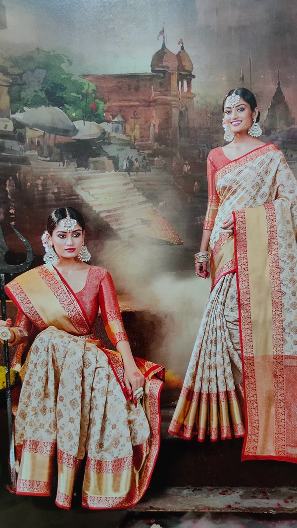 Banarsi Pattern Designer Silk Sarees - Cream-Red