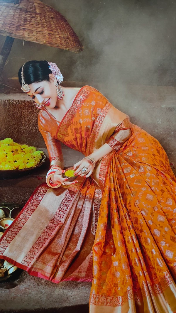 Banarsi Pattern Designer Silk Sarees - Orange