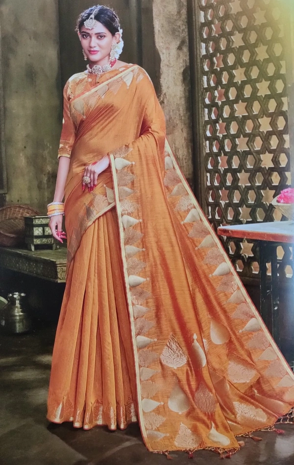Raw Silk With Border Pattern - Orange
