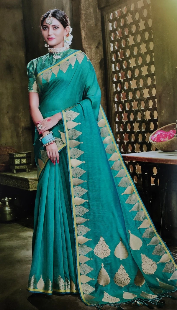Raw Silk With Border Pattern - Blue