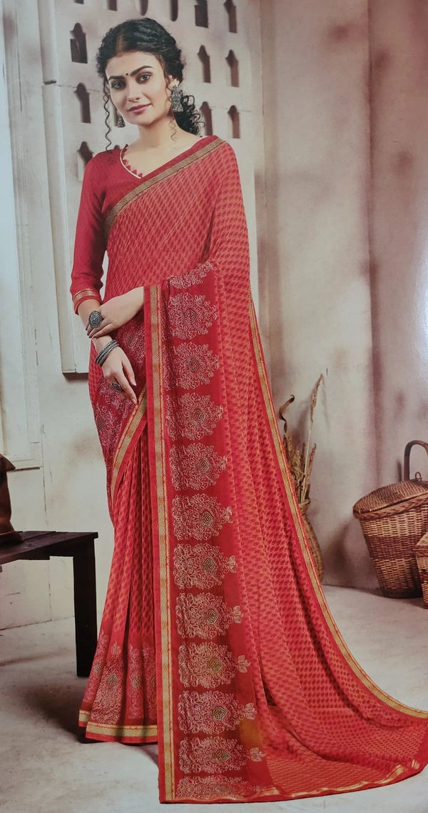 Chiffon Designer Full Work Saree - Redish-orange