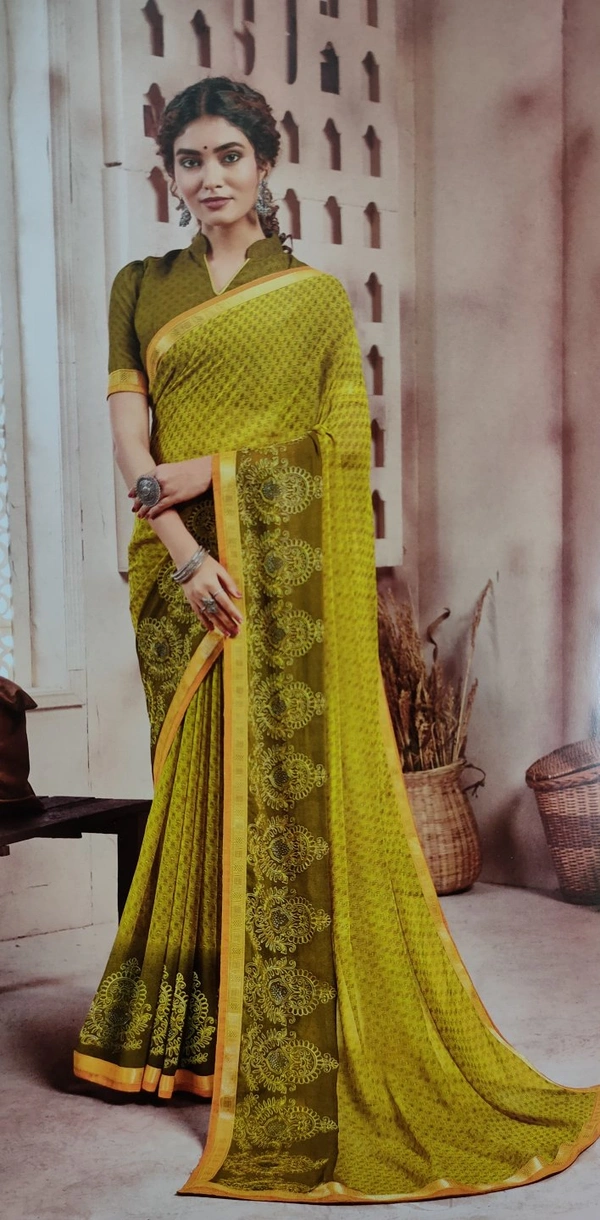 Chiffon Designer Full Work Saree - Olive green