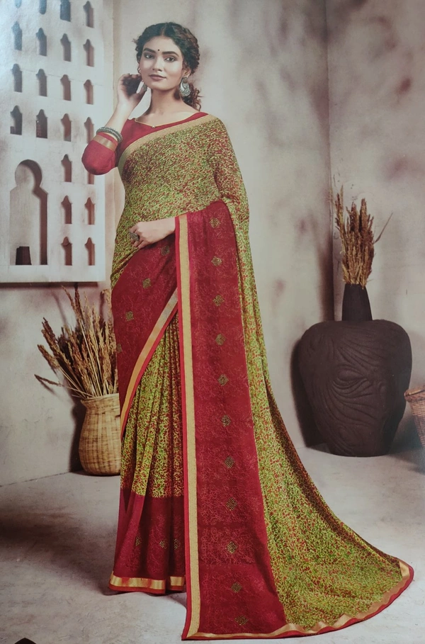 Chiffon Designer Full Work Saree - Red-green
