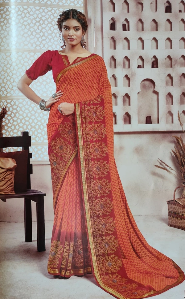 Chiffon Designer Full Work Saree - Red-orange