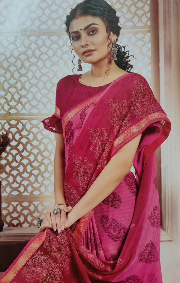 Chiffon Designer Full Work Saree - Pink-Red