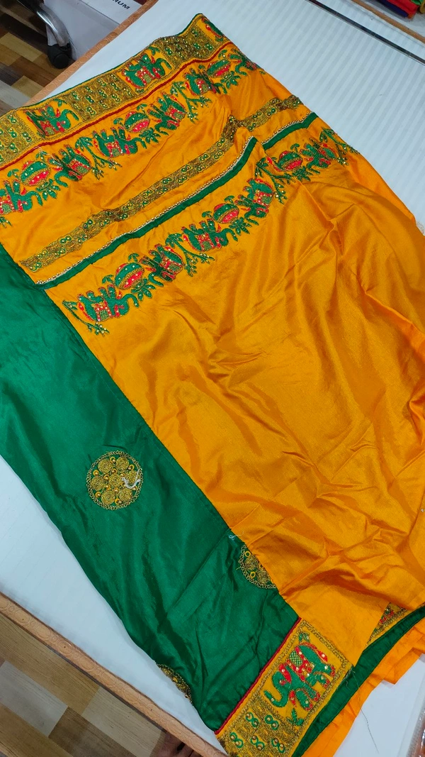 Jaipuri Work Dola Silk - Green Yellow