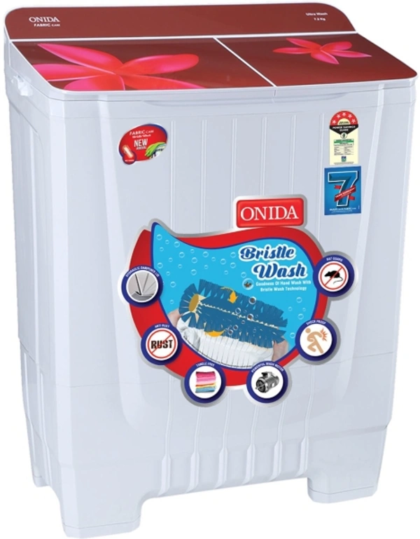 Onida ONIDA 8 kg Cuff and Collar Wash, Designer Glass Lid 5 Star Semi Automatic Top Load Red, White - 8 kg, White