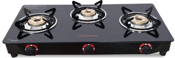 Butterfly Smart Glass 3 Burner Gas Stove, Black, Manual - 60 x 29 x 11 Centimeters, Black