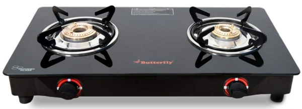 Butterfly Smart Glass Top 2 Burner Gas Stove, Black - 60 x 29 x 11 Centimeters, Black