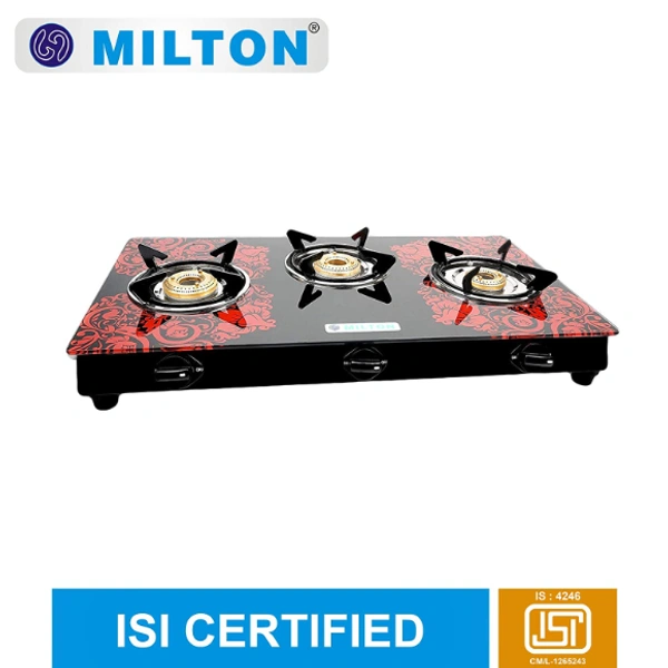Milton Premium 3 Burner Red Glass Top Gas Stove, Manual Ignition LPG Stove - (ISI Certified, Door Step Service) - 72 x 42 x 12.5 Centimeters, Red