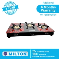 Milton Premium 3 Burner Red Glass Top Gas Stove, Manual Ignition LPG Stove - (ISI Certified, Door Step Service) - 72 x 42 x 12.5 Centimeters, Red