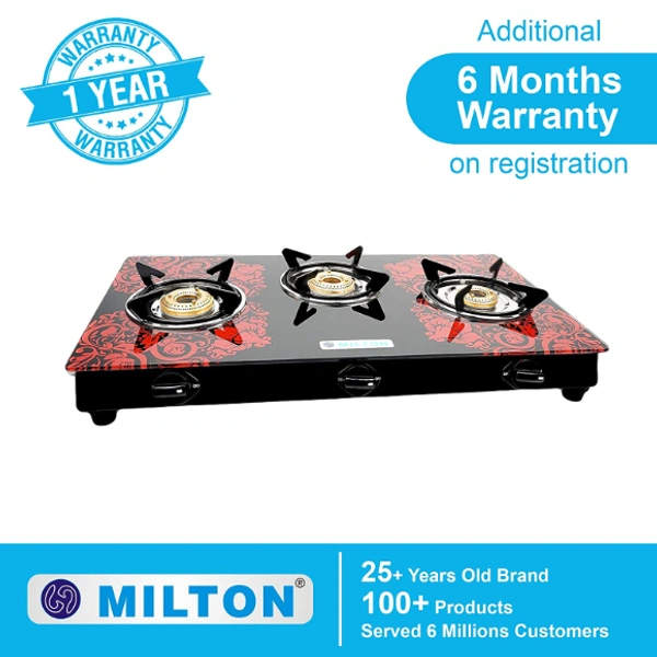 Milton Premium 3 Burner Red Glass Top Gas Stove, Manual Ignition LPG Stove - (ISI Certified, Door Step Service) - 72 x 42 x 12.5 Centimeters, Red