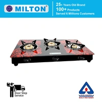 Milton Premium 3 Burner Red Glass Top Gas Stove, Manual Ignition LPG Stove - (ISI Certified, Door Step Service) - 72 x 42 x 12.5 Centimeters, Red
