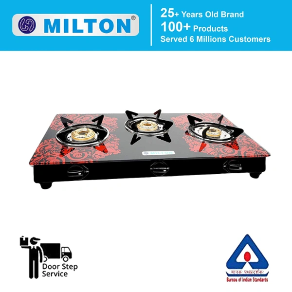 Milton Premium 3 Burner Red Glass Top Gas Stove, Manual Ignition LPG Stove - (ISI Certified, Door Step Service) - 72 x 42 x 12.5 Centimeters, Red