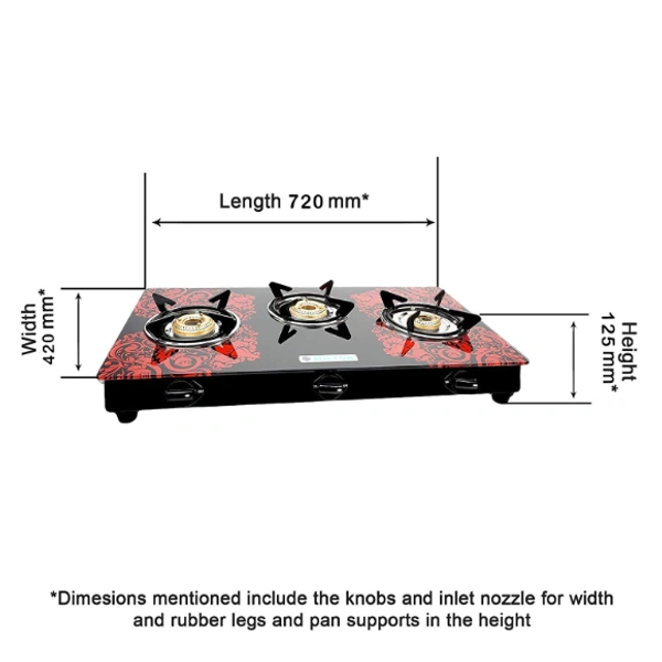 Milton Premium 3 Burner Red Glass Top Gas Stove, Manual Ignition LPG Stove - (ISI Certified, Door Step Service) - 72 x 42 x 12.5 Centimeters, Red