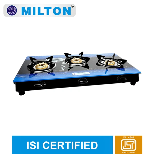 Milton Premium 3 Burner Blue 7mm Toughened Glass Top LP Gas Stove, Manual Ignition - ISI Certified - 72 x 42 x 12.5 Centimeters, Blue