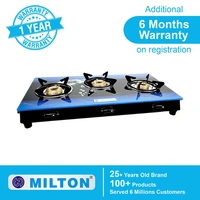 Milton Premium 3 Burner Blue 7mm Toughened Glass Top LP Gas Stove, Manual Ignition - ISI Certified - 72 x 42 x 12.5 Centimeters, Blue