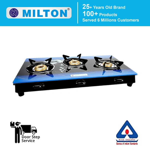 Milton Premium 3 Burner Blue 7mm Toughened Glass Top LP Gas Stove, Manual Ignition - ISI Certified - 72 x 42 x 12.5 Centimeters, Blue
