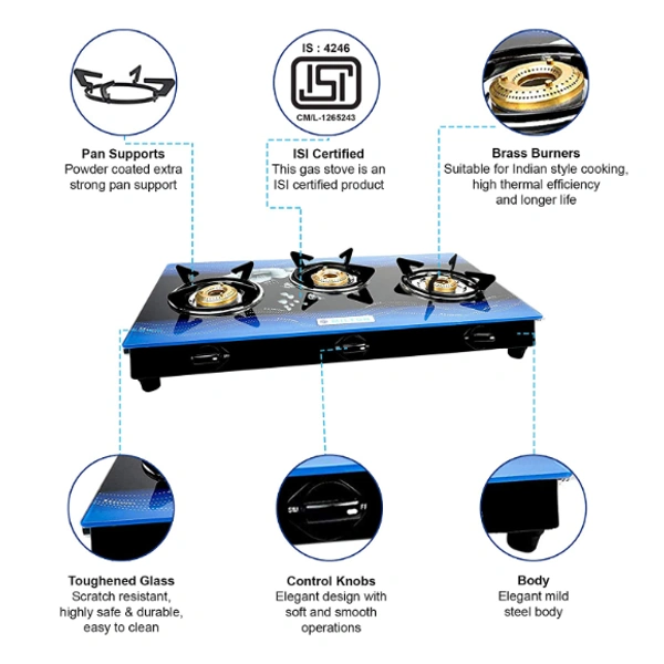 Milton Premium 3 Burner Blue 7mm Toughened Glass Top LP Gas Stove, Manual Ignition - ISI Certified - 72 x 42 x 12.5 Centimeters, Blue