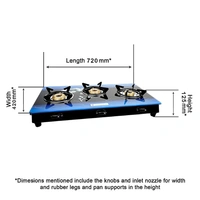 Milton Premium 3 Burner Blue 7mm Toughened Glass Top LP Gas Stove, Manual Ignition - ISI Certified - 72 x 42 x 12.5 Centimeters, Blue