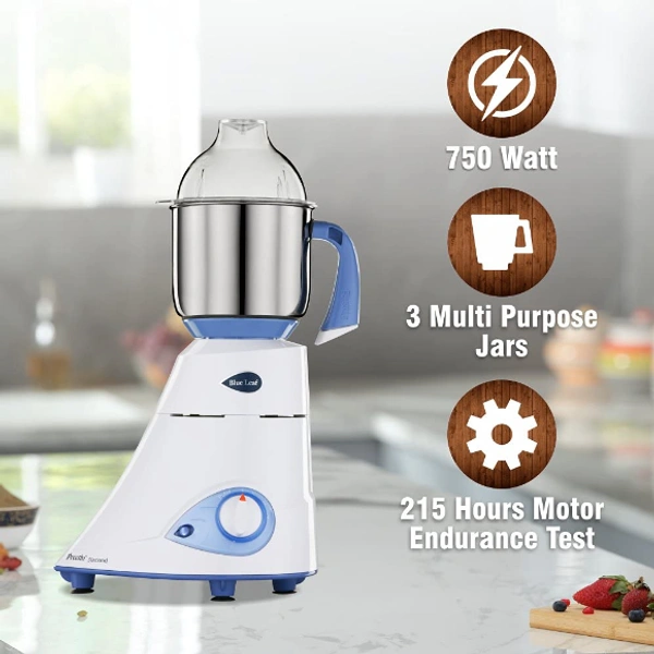 Preethi  Preethi Blue Leaf Diamond mixer grinder, 750 watt, 3 jars & Flexi Lid (Blue/ White) - 750, White and Blue