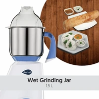 Preethi  Preethi Blue Leaf Diamond mixer grinder, 750 watt, 3 jars & Flexi Lid (Blue/ White) - 750, White and Blue