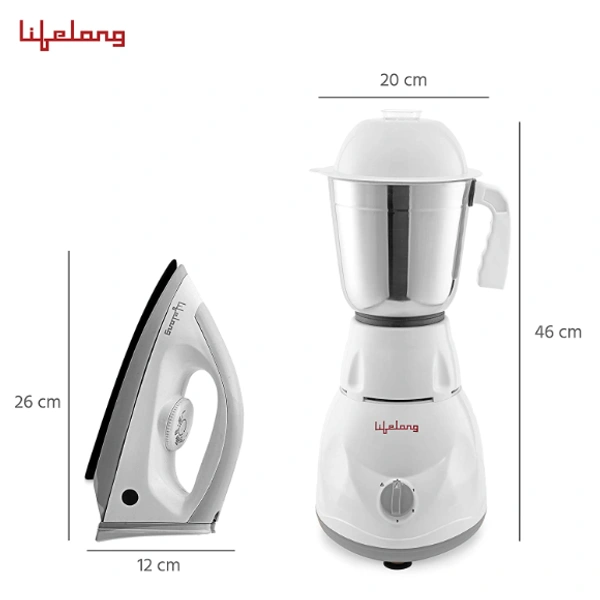 Lifelong  Lifelong Power - Pro 500 Watt 3 Jar Mixer Grinder and 1100 Watt Dry Iron Super Combo (1 Year Warranty) - 500 Watts, Grey