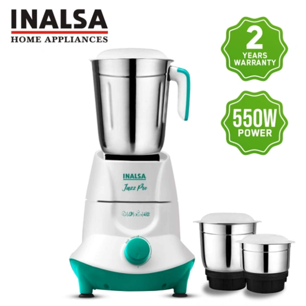 Inalsa  Inalsa Mixer Grinder Jazz Pro -550W with 3 Stainless Steel Jars ( White/Green ) - 550, White and Green
