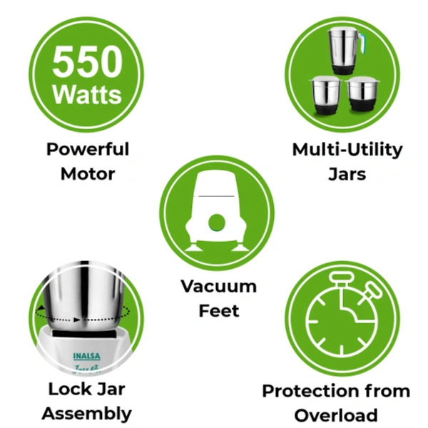 Inalsa  Inalsa Mixer Grinder Jazz Pro -550W with 3 Stainless Steel Jars ( White/Green ) - 550, White and Green