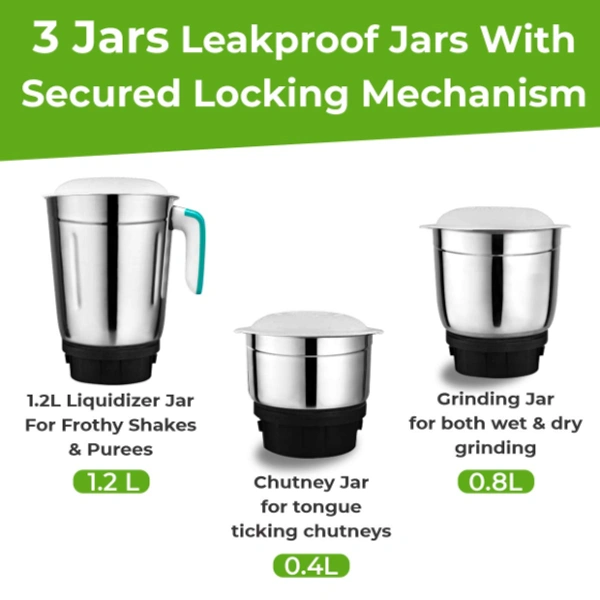 Inalsa  Inalsa Mixer Grinder Jazz Pro -550W with 3 Stainless Steel Jars ( White/Green ) - 550, White and Green
