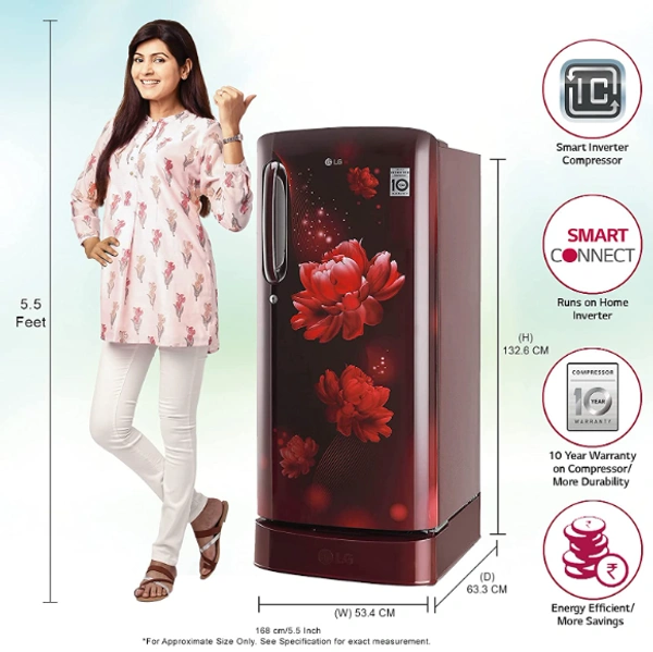 LG 190 L 4 Star Inverter Direct-Cool Single Door Refrigerator (GL-D201ASCY, Scarlet Charm, Base stand with Drawer) - 190 Litres, Red