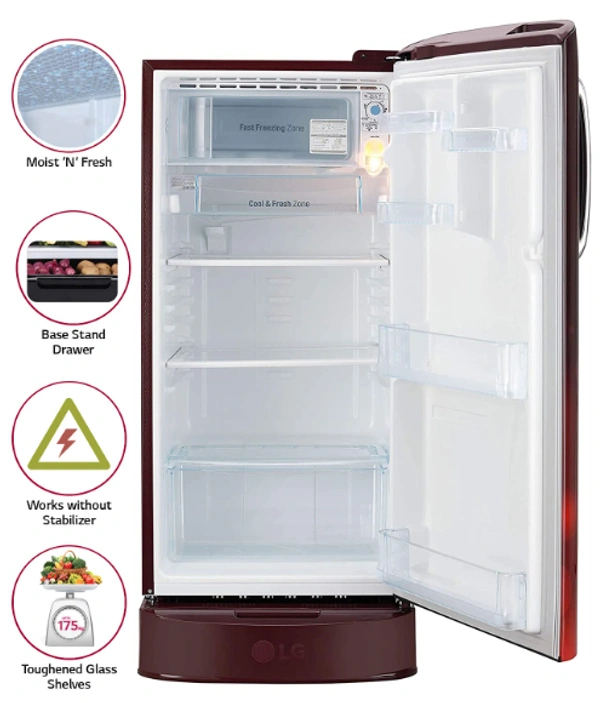 LG 190 L 4 Star Inverter Direct-Cool Single Door Refrigerator (GL-D201ASCY, Scarlet Charm, Base stand with Drawer) - 190 Litres, Red