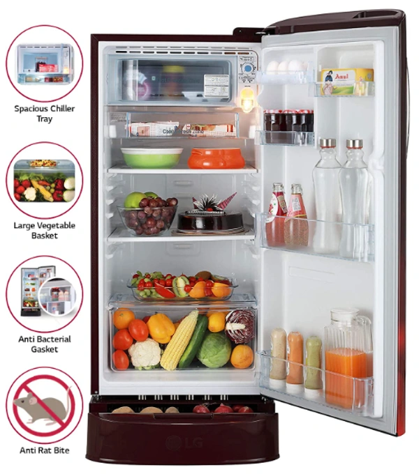 LG 190 L 4 Star Inverter Direct-Cool Single Door Refrigerator (GL-D201ASCY, Scarlet Charm, Base stand with Drawer) - 190 Litres, Red