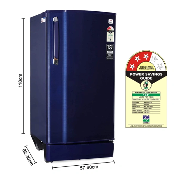 Godrej  Godrej 190 L 3 Star Inverter Direct-Cool Single Door Refrigerator with Jumbo Vegetable Tray (RD 1903 EWHI 33 STL BL, Steel Blue, Inverter Compressor) - 190 Litres, Blue