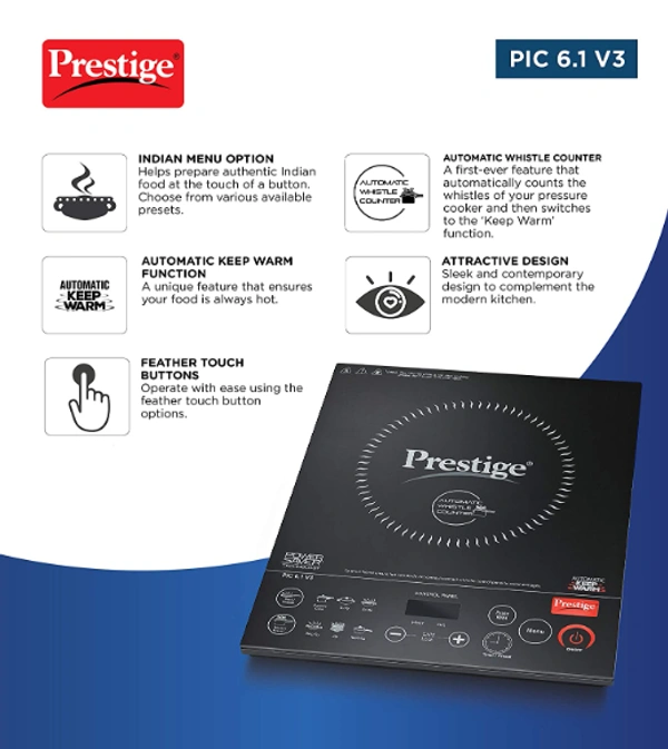 Prestige Induction Cooktop Pic 6.1 V3 2200 Watts - Black - 2200 Watts, Black