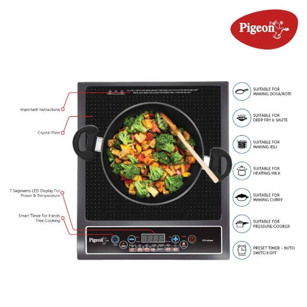Pigeon Cruise 1800 watt Induction Cooktop (12303) with Touch Button, Induction Stove comes with 7 Preset Menus and Auto-Shut Off features (Black) - 1800 Watts, Black