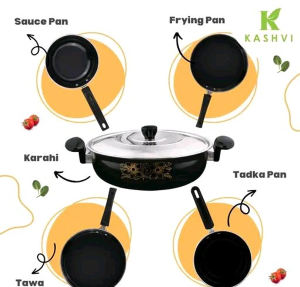 Kashvi Non Stick Pans And Tawa - - Combo 5 Pieces - Black