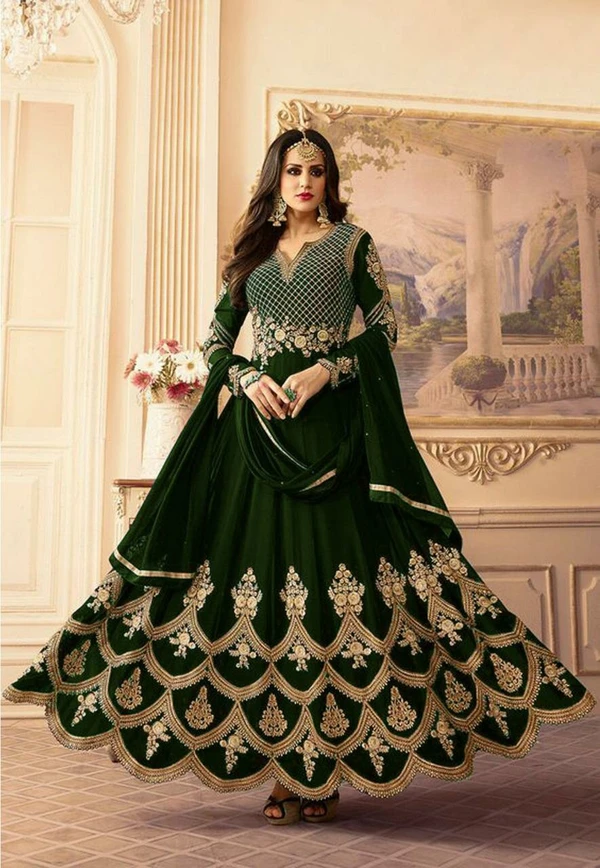 GEORGEET GOWN WITH EMBROIDERY DESIGN WORK  - Mehandi Green