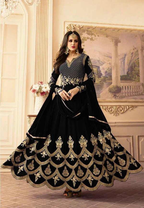 GEORGEET GOWN WITH EMBROIDERY DESIGN WORK  - Black