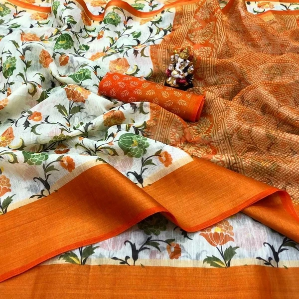 ZARI BORDER  WHITE FLOWER COTTON SAREE - Orange