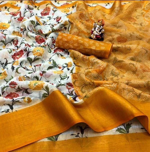 ZARI BORDER  WHITE FLOWER COTTON SAREE - Orange