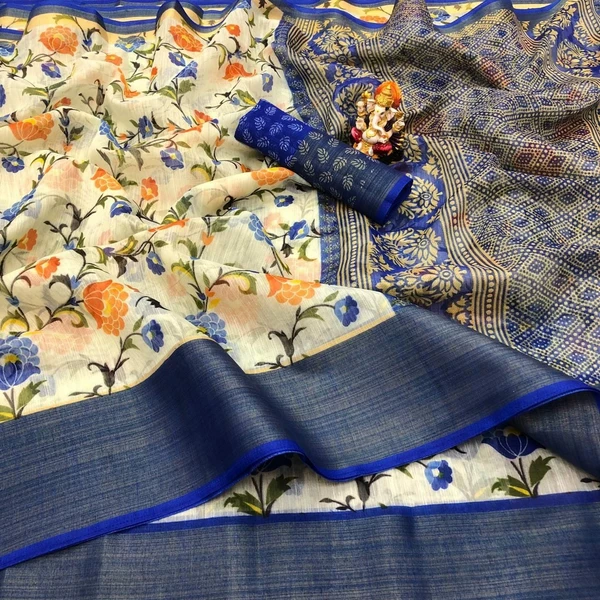 ZARI BORDER  WHITE FLOWER COTTON SAREE - Royal Blue