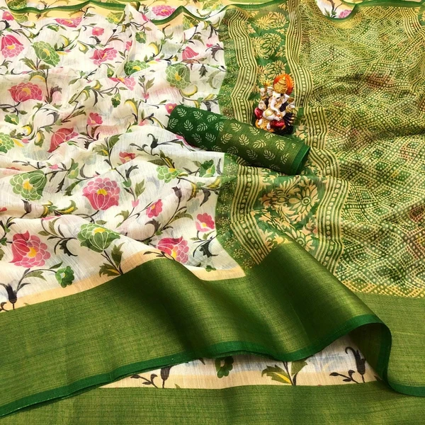 ZARI BORDER  WHITE FLOWER COTTON SAREE - Light Green