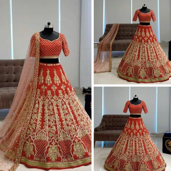 Red Satin Silk Heavy Embroidery Designer Lehenga