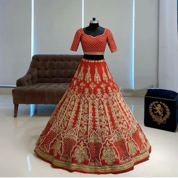 Red Satin Silk Heavy Embroidery Designer Lehenga