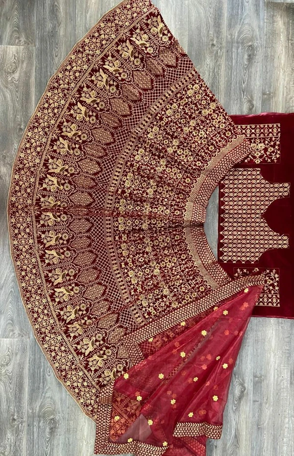 Bridal Maroon Velvet Embroidery Lehenga Choli