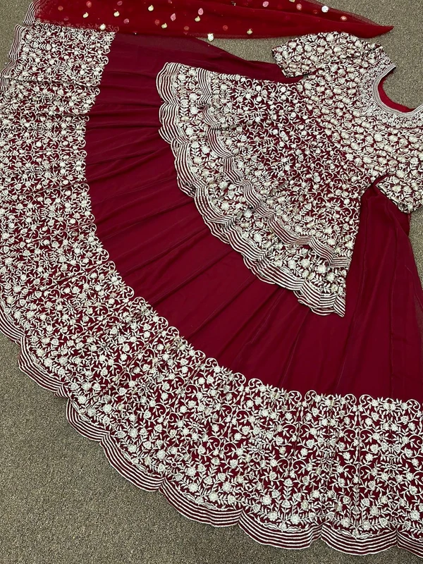 Heavy Embroidered Top Lehenga & Dupatta - Red