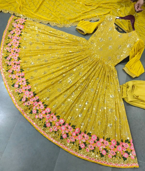 Faux Georgette Embroidery Gown - Yellow