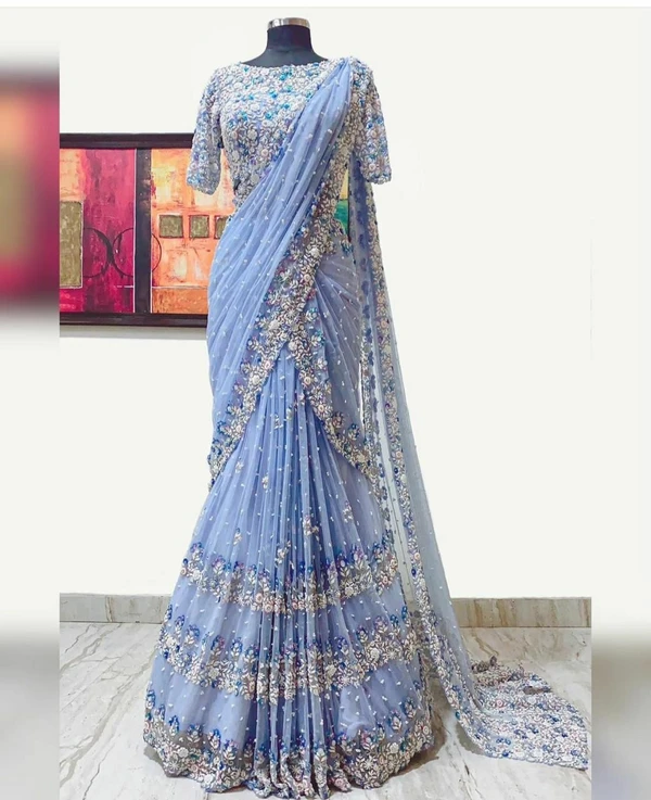 Pearl Work Georgette Saree - Blue